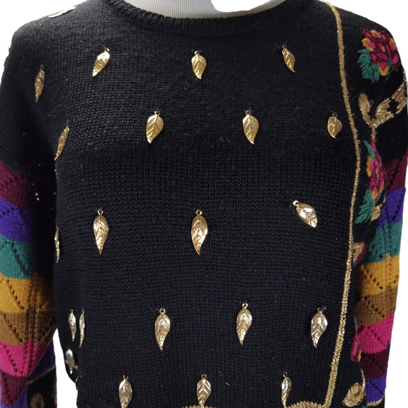 Vintage 80s Carole Little Embellished Wool Sweater M Black Rainbow Art to Wear - Picture 6 of 13